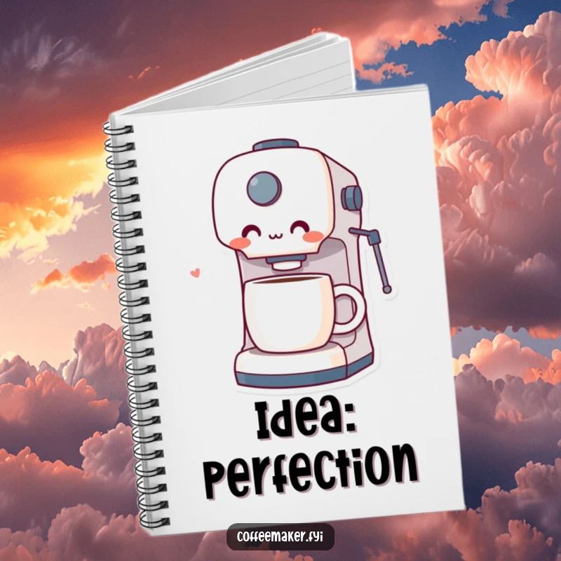 Funny notebook featuring a coffee maker character looking surprised and delighted by a perfect cup of coffee, great for note-taking.