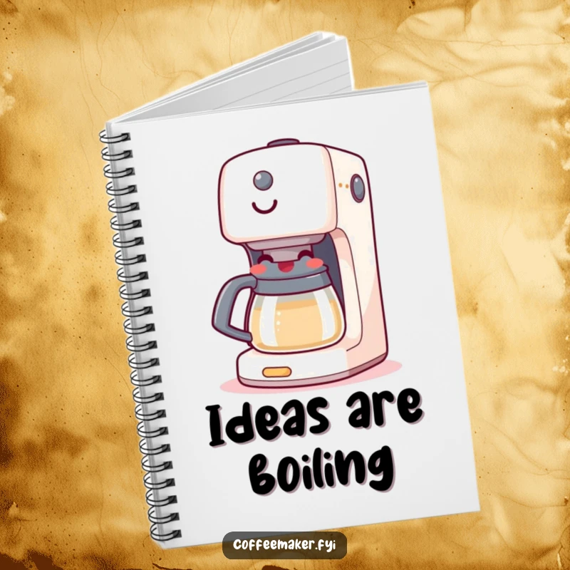 Funny notebook cover with a happy coffee maker machine boiling cheerfully, inspiring organization and creative note-taking.