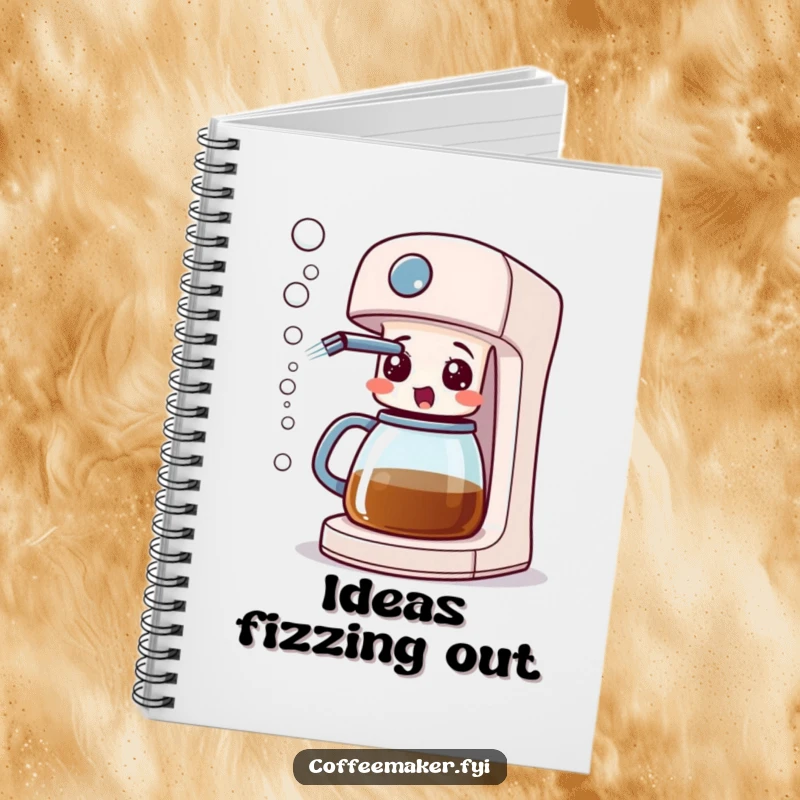 A surprised coffee maker machine spraying bubbles, adorning a notebook cover for jotting down bubbly thoughts.