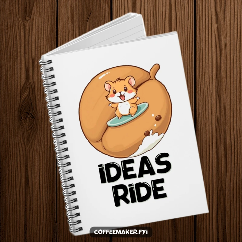 Funny hamster notebook with a playful hamster surfing on a giant roasted coffee bean, perfect for humorous notes.