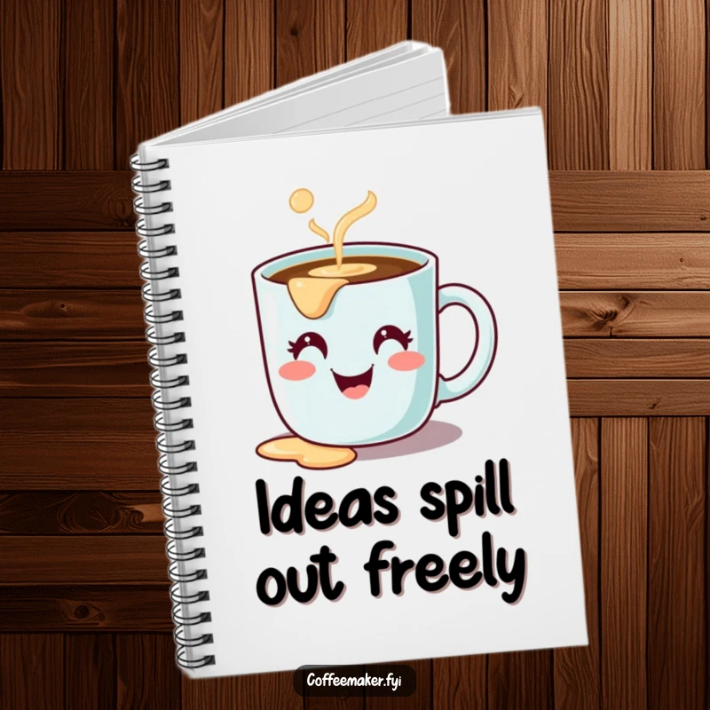 Funny notebook with a cute coffee mug character, happy face, spilling coffee, perfect for notes and creative writing.