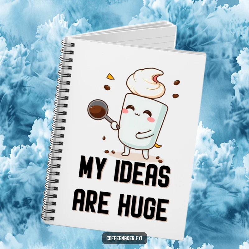 Funny coffee scoop character taking a large scoop, gracing the cover of a notebook.