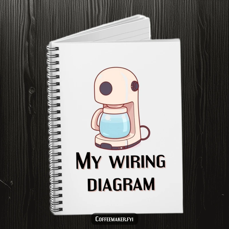 Funny notebook with a coffee maker wiggling its power cord like a tail on the cover, perfect for notes and creative ideas.