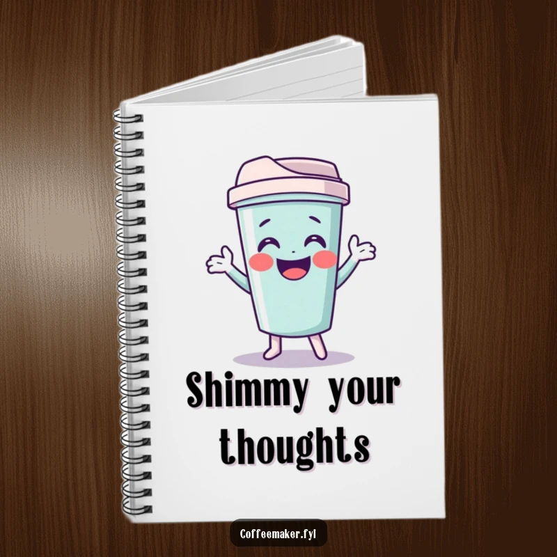 Funny travel mug notebook with a giggling character doing a funny shimmy, perfect for notes and travel plans.