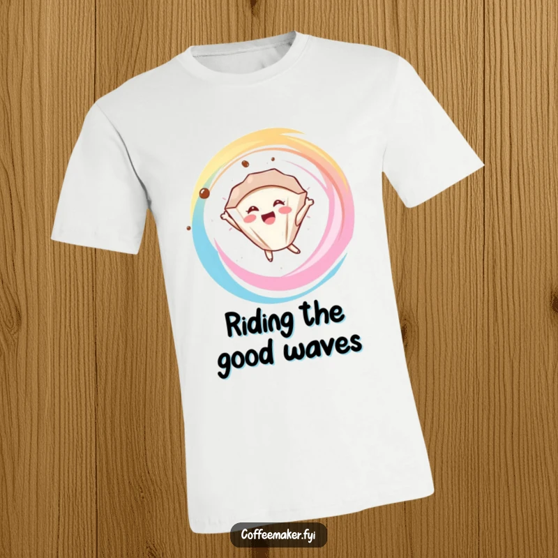 Funny delighted coffee filter character floating joyfully in a coffee swirl, on a soft t-shirt.