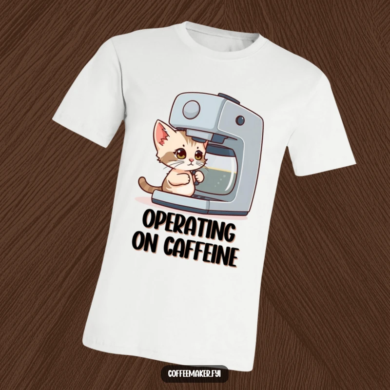 Funny T-Shirt: A determined tiny kitten with big eyes attempts to operate an oversized coffee maker, hilariously.