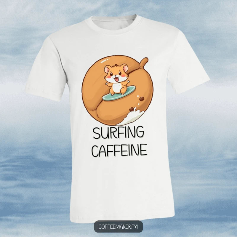 Funny hamster t-shirt depicting a playful hamster surfing on a giant roasted coffee bean, ideal for adventurers.