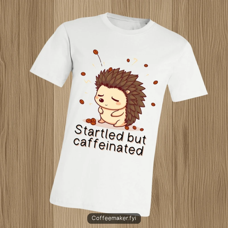 Funny hedgehog t-shirt with a sleepy hedgehog in a coffee bean hat startled by a steam explosion.