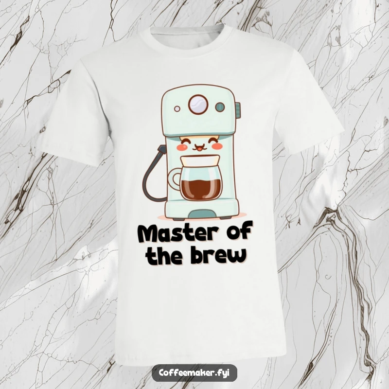 Funny t-shirt depicting a proud coffee maker with a satisfied smile, serving a flawless cup of coffee, celebrating brewing excellence.