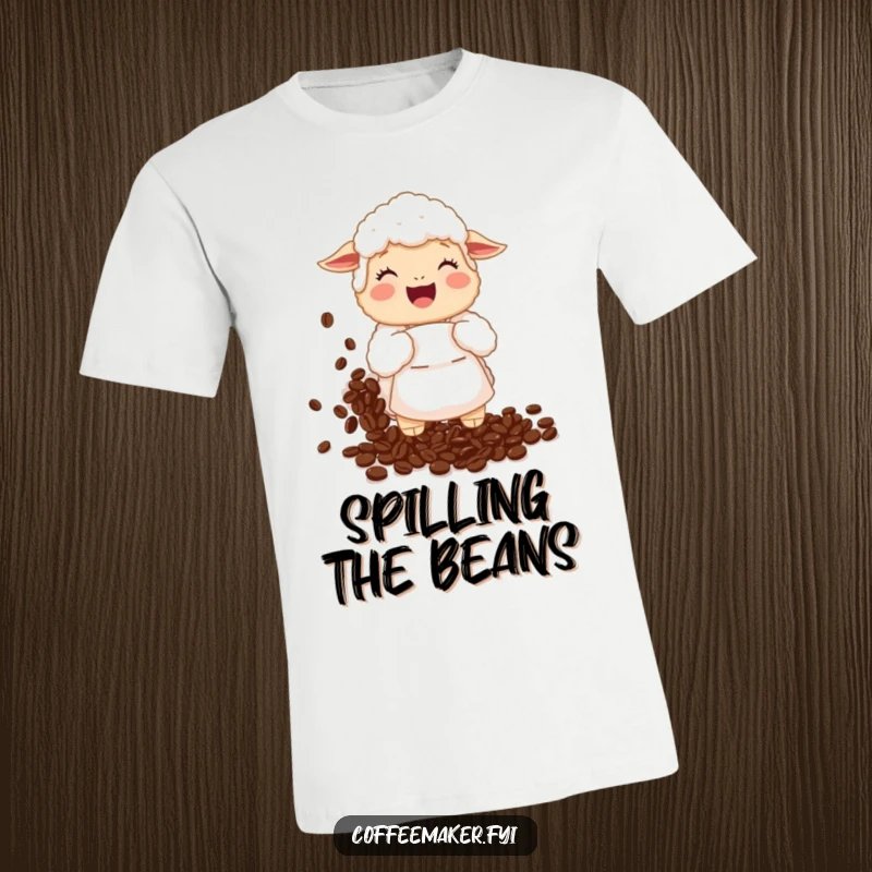Funny T-Shirt: A giggling fluffy sheep wearing an apron spills a huge amount of coffee beans.