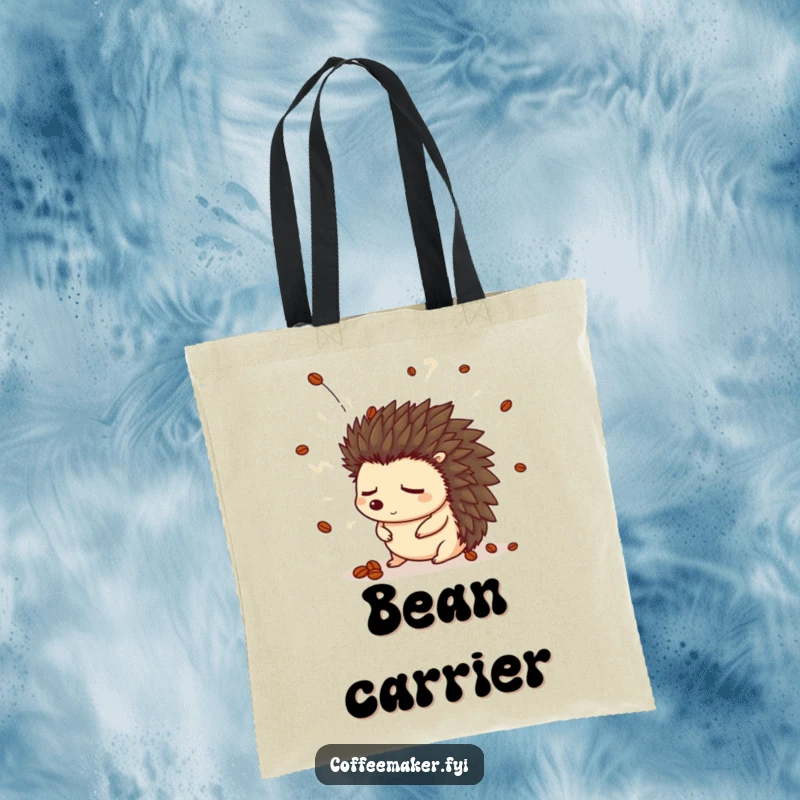 Funny hedgehog tote bag with a sleepy hedgehog in a coffee bean hat startled by a steam explosion.
