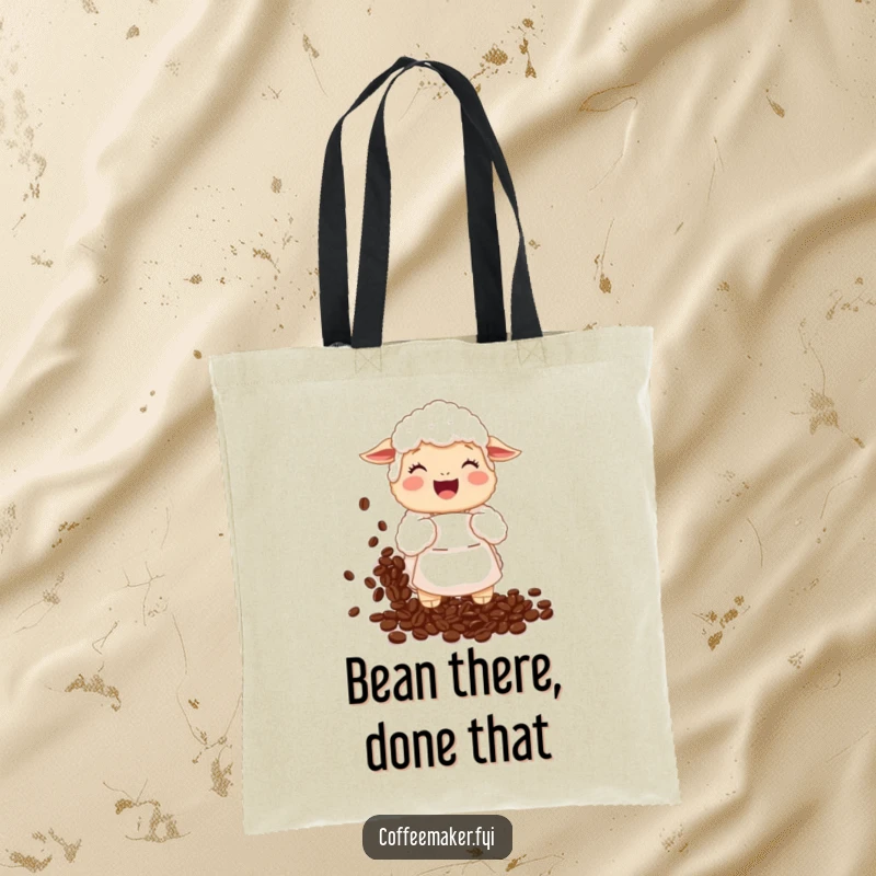 Funny Tote Bag: A happy sheep wearing an apron is giggling while spilling a large quantity of coffee beans.