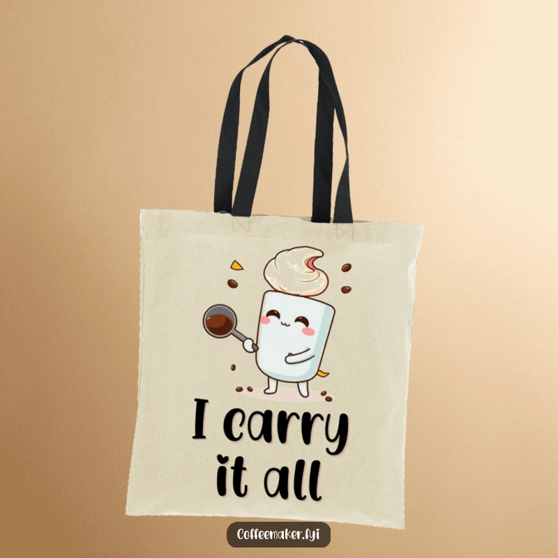 Funny coffee scoop character making a large scoop, printed on a durable and humorous tote bag.
