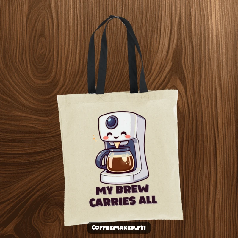 Funny Kawaii coffee maker character cheerfully brewing a coffee, printed on a durable tote bag.