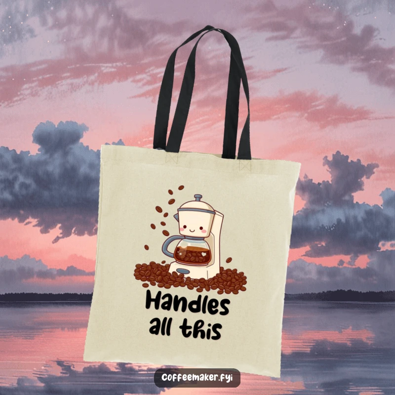 Funny coffee maker tote bag with a creative design of a coffee maker juggling coffee beans with its spout, a practical and humorous accessory.